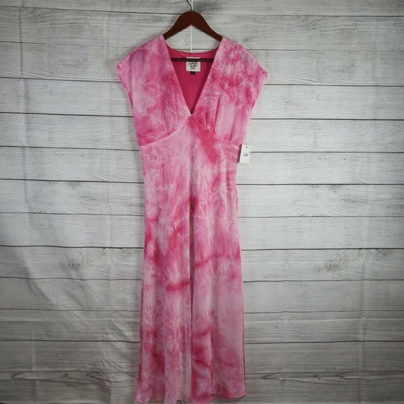 NWT Sage Collective Womens Bright Pink Tie-Dyed A-Line Chiffon Midi Dress Sz 10 - Picture 1 of 9